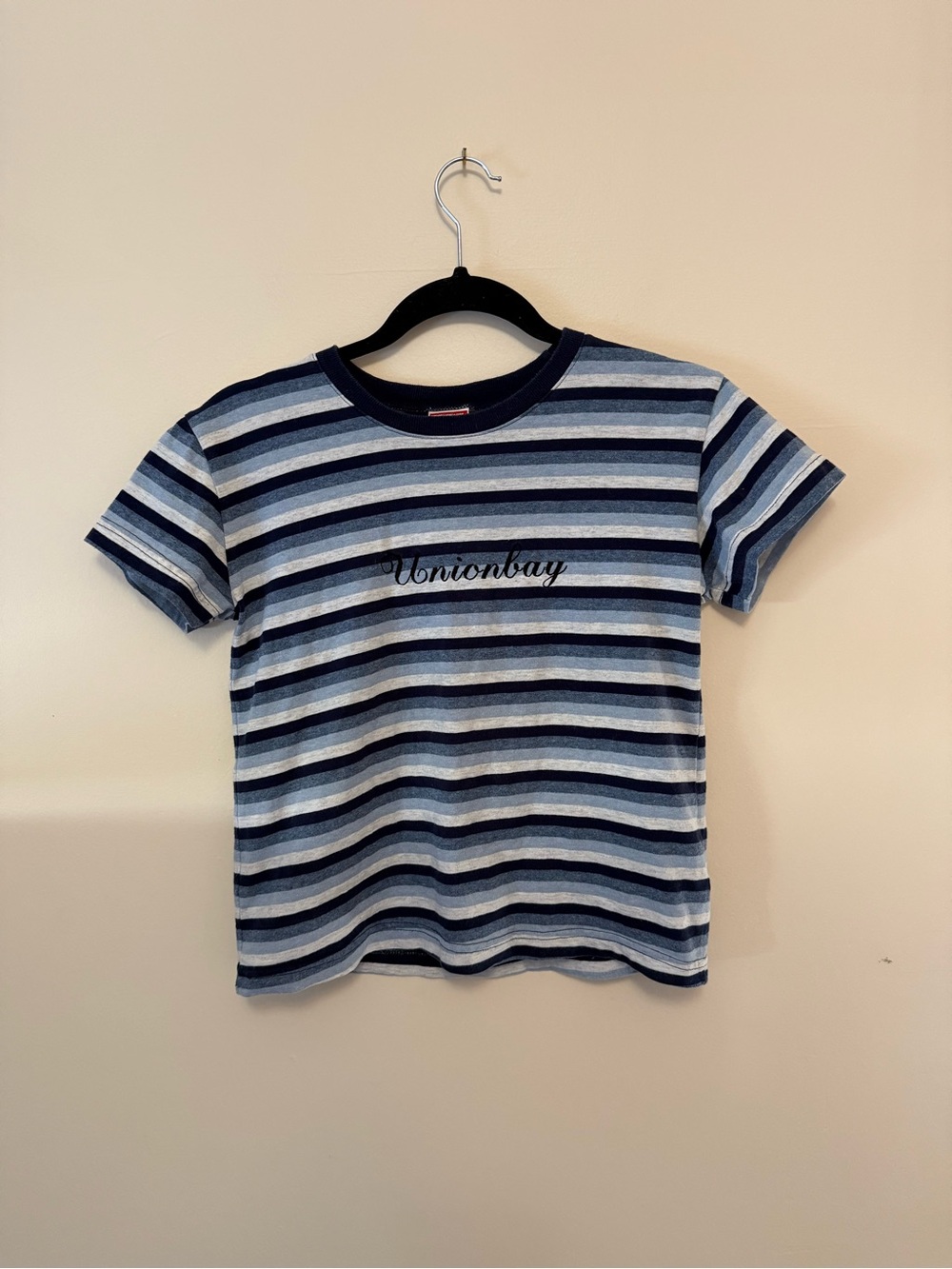 Y2K UNIONBAY Navy and Light Blue Striped Short Sleeve Tee